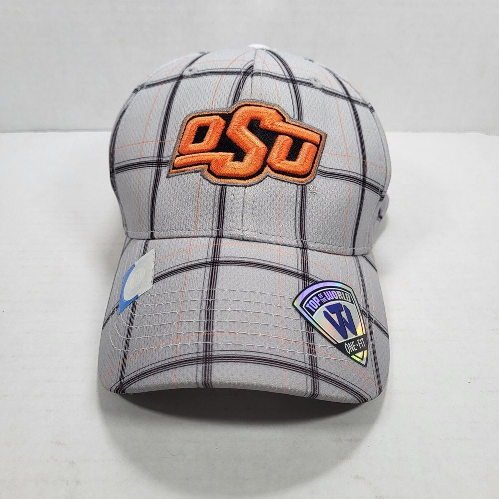 Oklahoma State Cowboys Top of the World Gray Plaid One Fit Hat Rainmaker